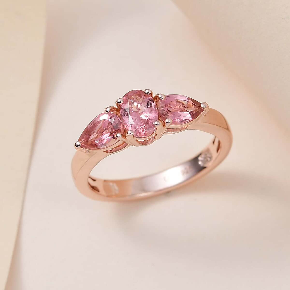 Blush Tourmaline Ring , 3 Stone Ring , Trilogy Ring ,Vermeil RG Over Sterling Silver Ring 1.15 ctw (Size 5.0) image number 1