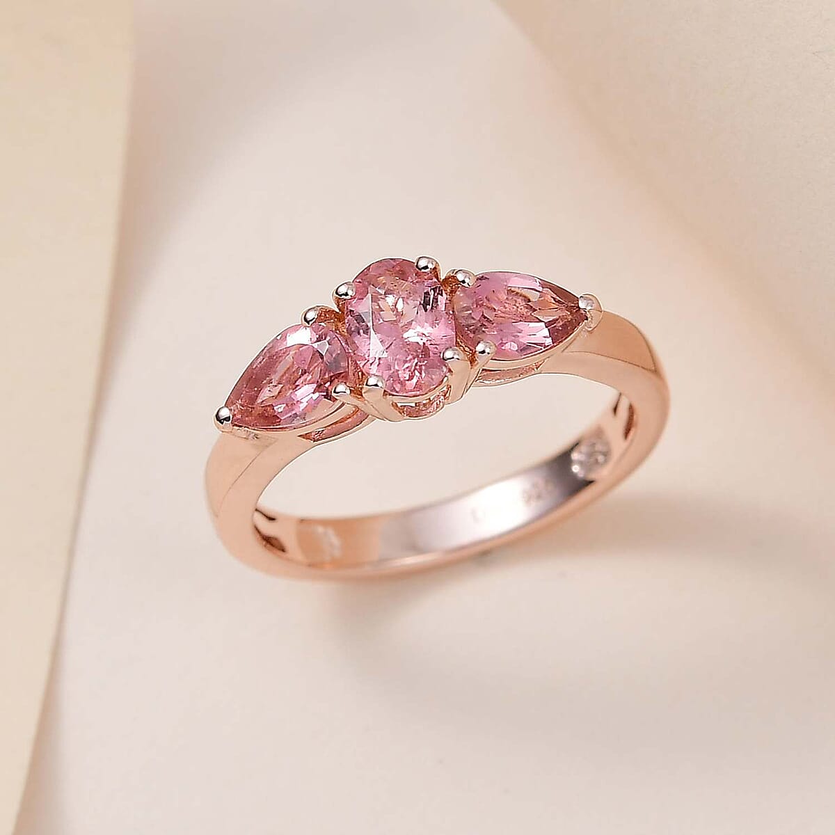 Blush Tourmaline 1.25 ctw Ring, 3 Stone Ring, Trilogy Ring, Vermeil RG Over Sterling Silver Ring (Size 7) image number 1