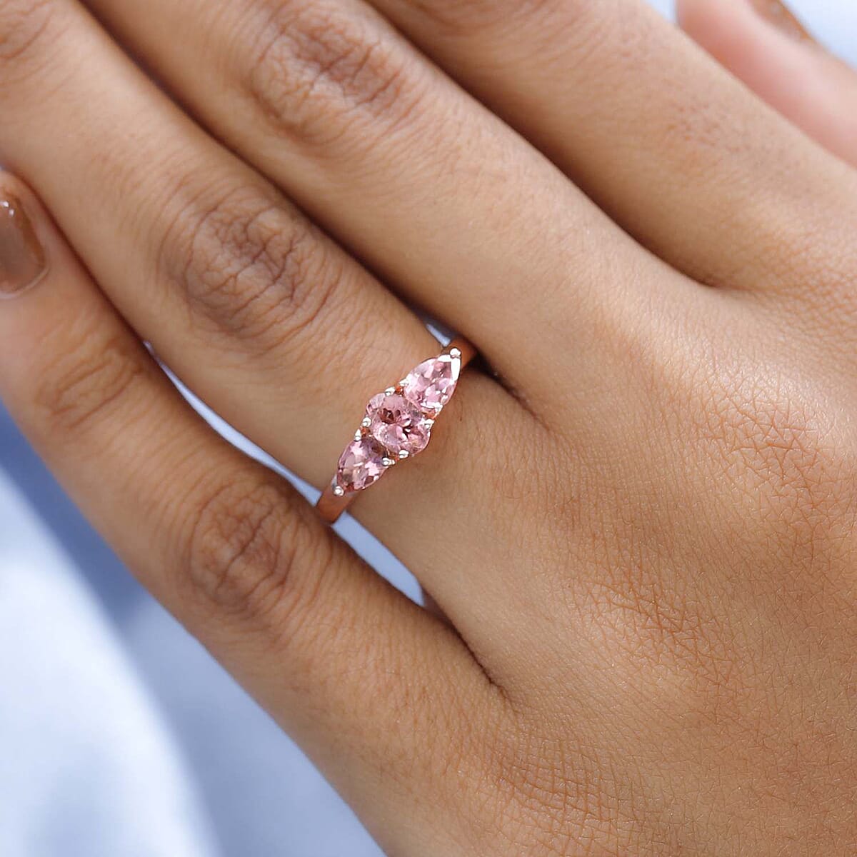 Blush Tourmaline 1.25 ctw Ring, 3 Stone Ring, Trilogy Ring, Vermeil RG Over Sterling Silver Ring (Size 7) image number 2