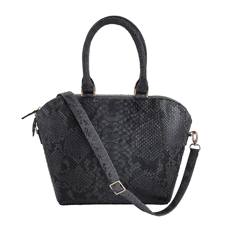 The Grand Pelle Handcrafted 100% Genuine Python Leather Black Color Tote Bag with Long Strap