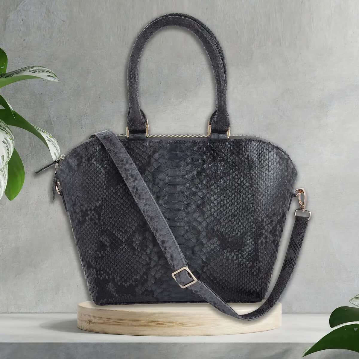 The Grand Pelle Handcrafted Black Genuine Python Leather Tote Bag for Women with Long Strap 