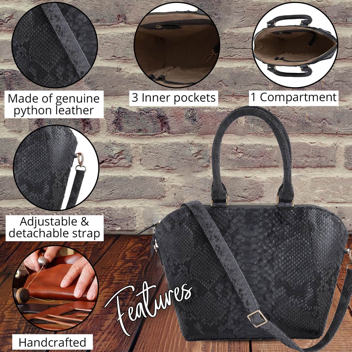 The Grand Pelle Handcrafted Black Genuine Python Leather Tote Bag for Women with Long Strap , Satchel Purse , Shoulder Handbag , Designer Tote Bag image number 2