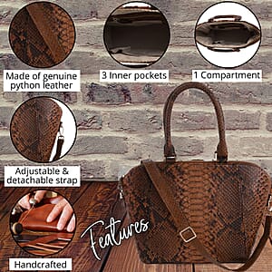 The Grand Pelle Handcrafted 100% Genuine Python Leather Brown Color Tote Bag with Long Strap