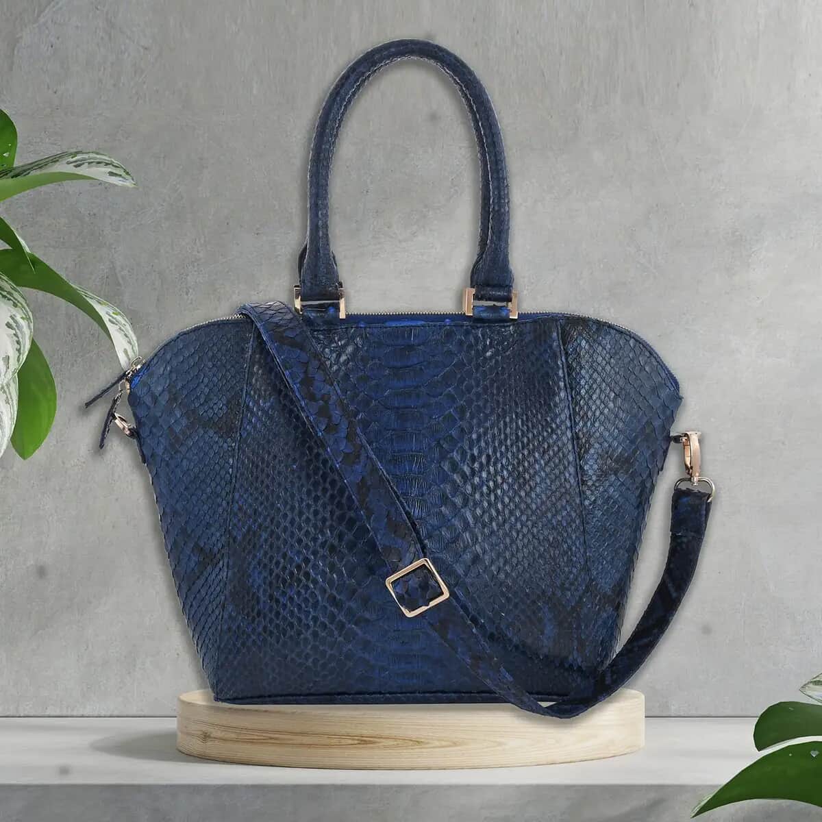 The Grand Pelle Handcrafted 100% Genuine Python Leather Navy Blue Tote Bag with Long Strap image number 1