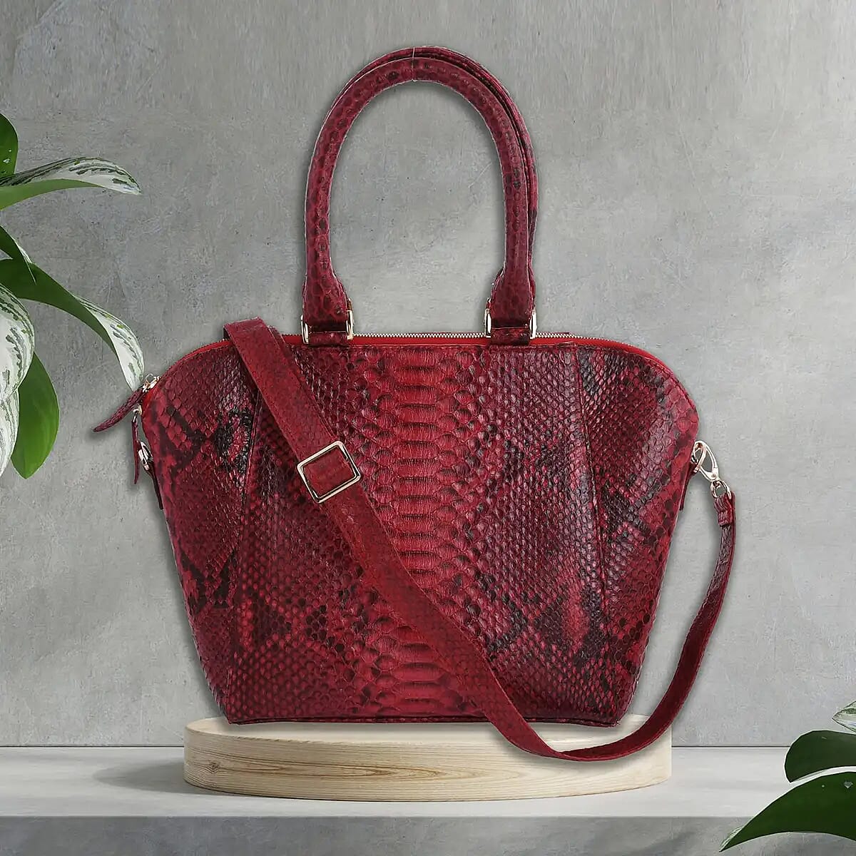 The Grand Pelle Handcrafted 100% Genuine Python Leather Dark Red Tote Bag with Long Strap image number 1