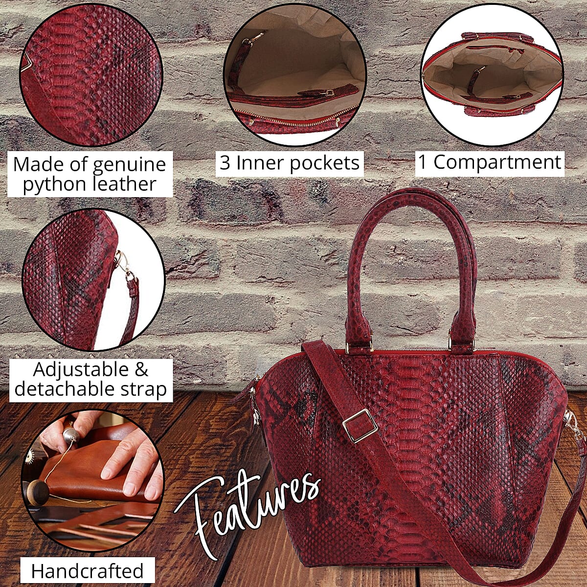 The Grand Pelle Handcrafted 100% Genuine Python Leather Dark Red Tote Bag with Long Strap image number 2