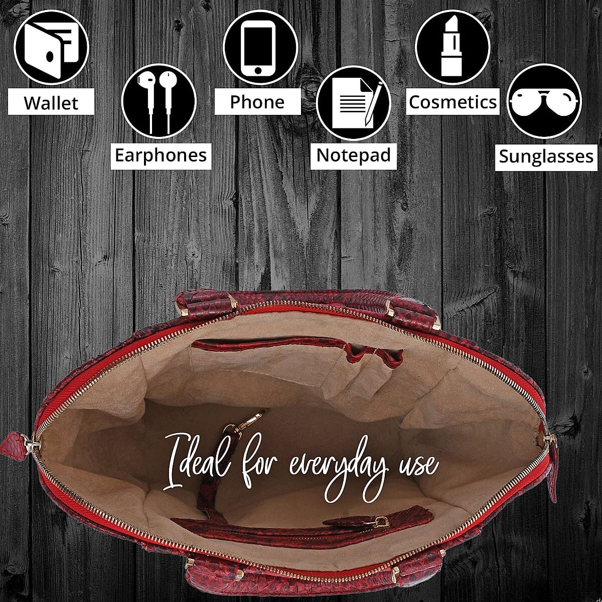 The Grand Pelle Handcrafted 100% Genuine Python Leather Dark Red Tote Bag with Long Strap image number 3