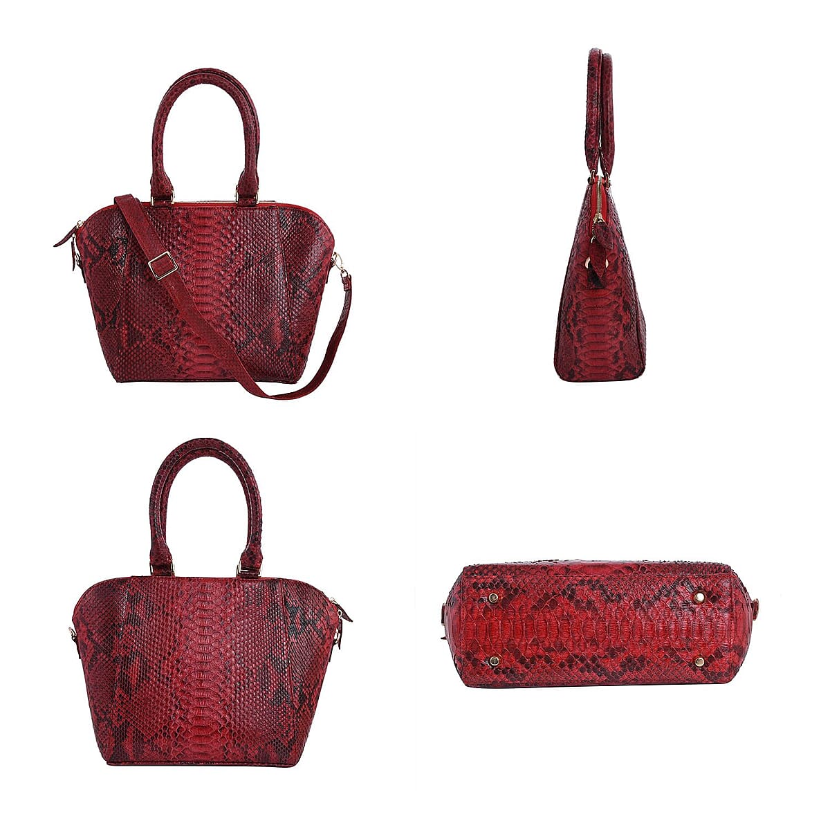 The Grand Pelle Handcrafted 100% Genuine Python Leather Dark Red Tote Bag with Long Strap image number 5