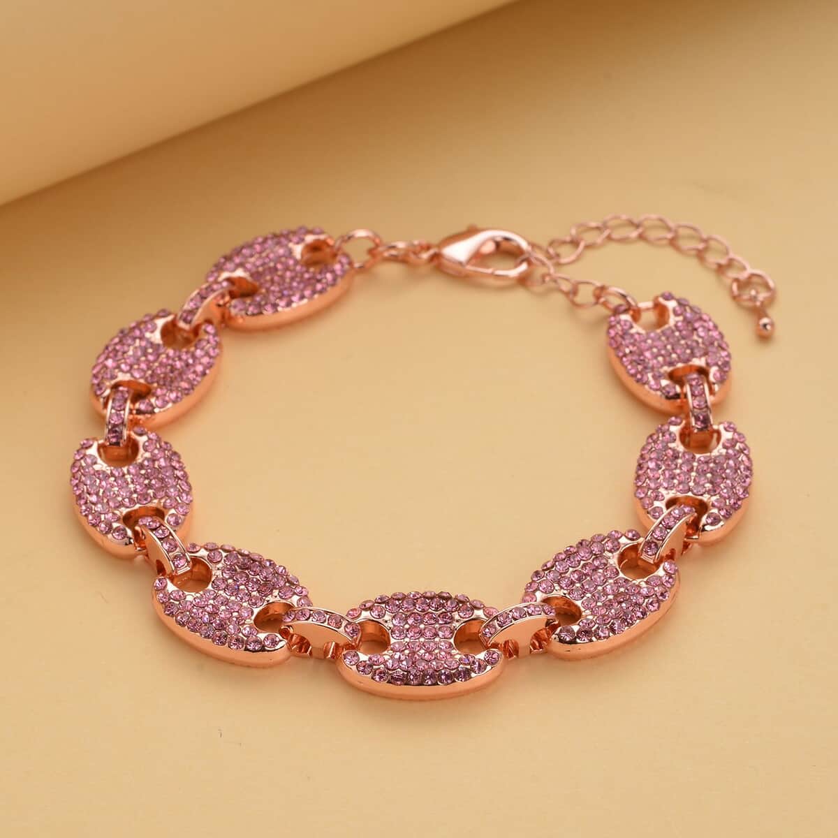 Pink Color Austrian Crystal Mariner Link Bracelet in Rosetone (7.50-9.50In) image number 1