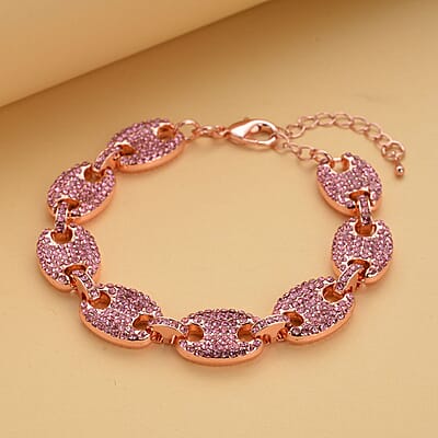 Pink Color Austrian Crystal Mariner Link Bracelet in Rosetone (7.50-9.50In)