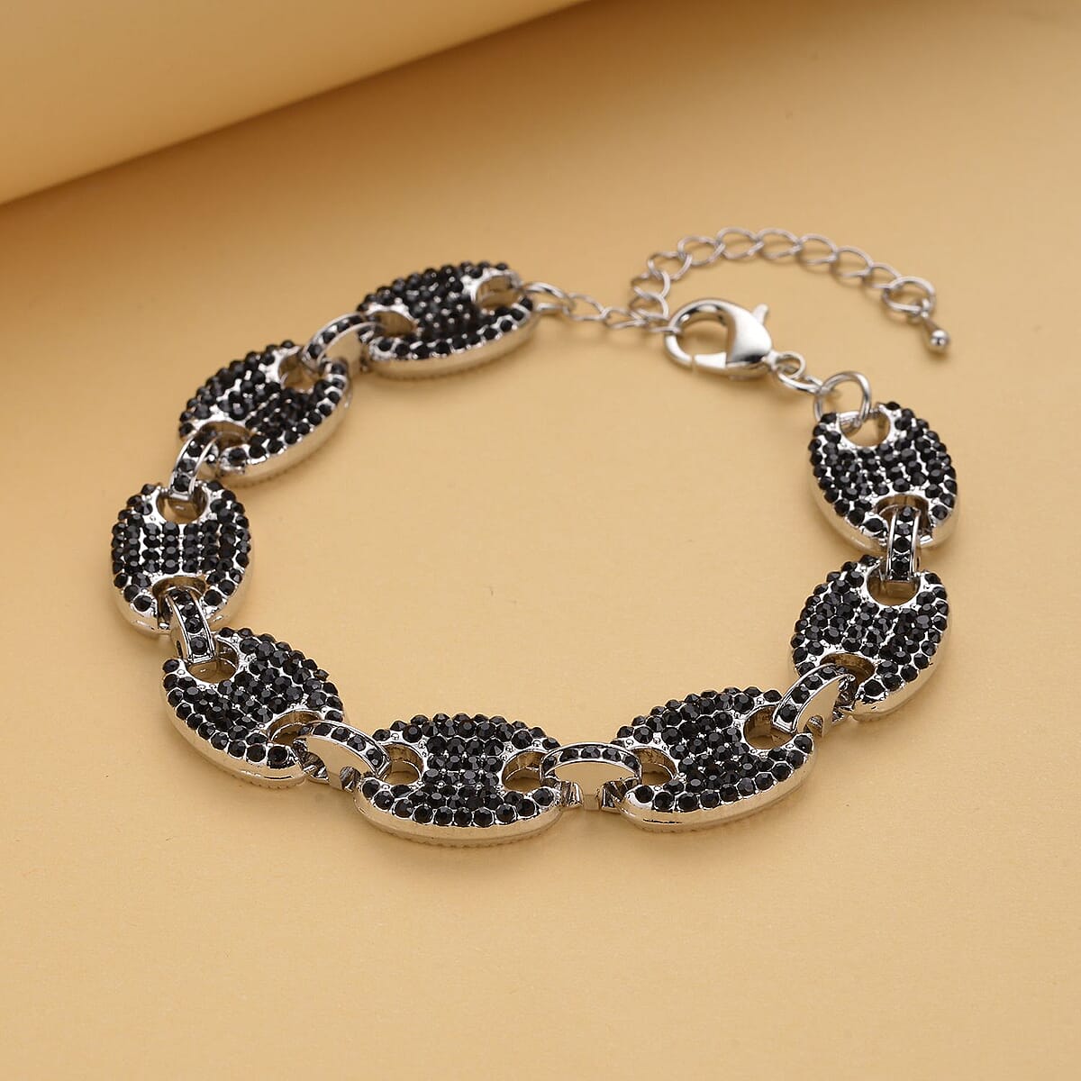 Black Austrian Crystal Mariner Link Bracelet in Silvertone (7.50-9.50In) image number 1
