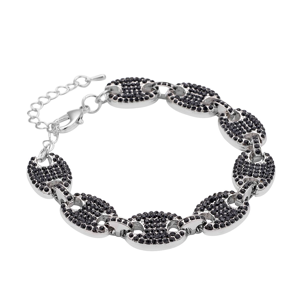 Black Austrian Crystal Mariner Link Bracelet in Silvertone (7.50-9.50In) image number 2