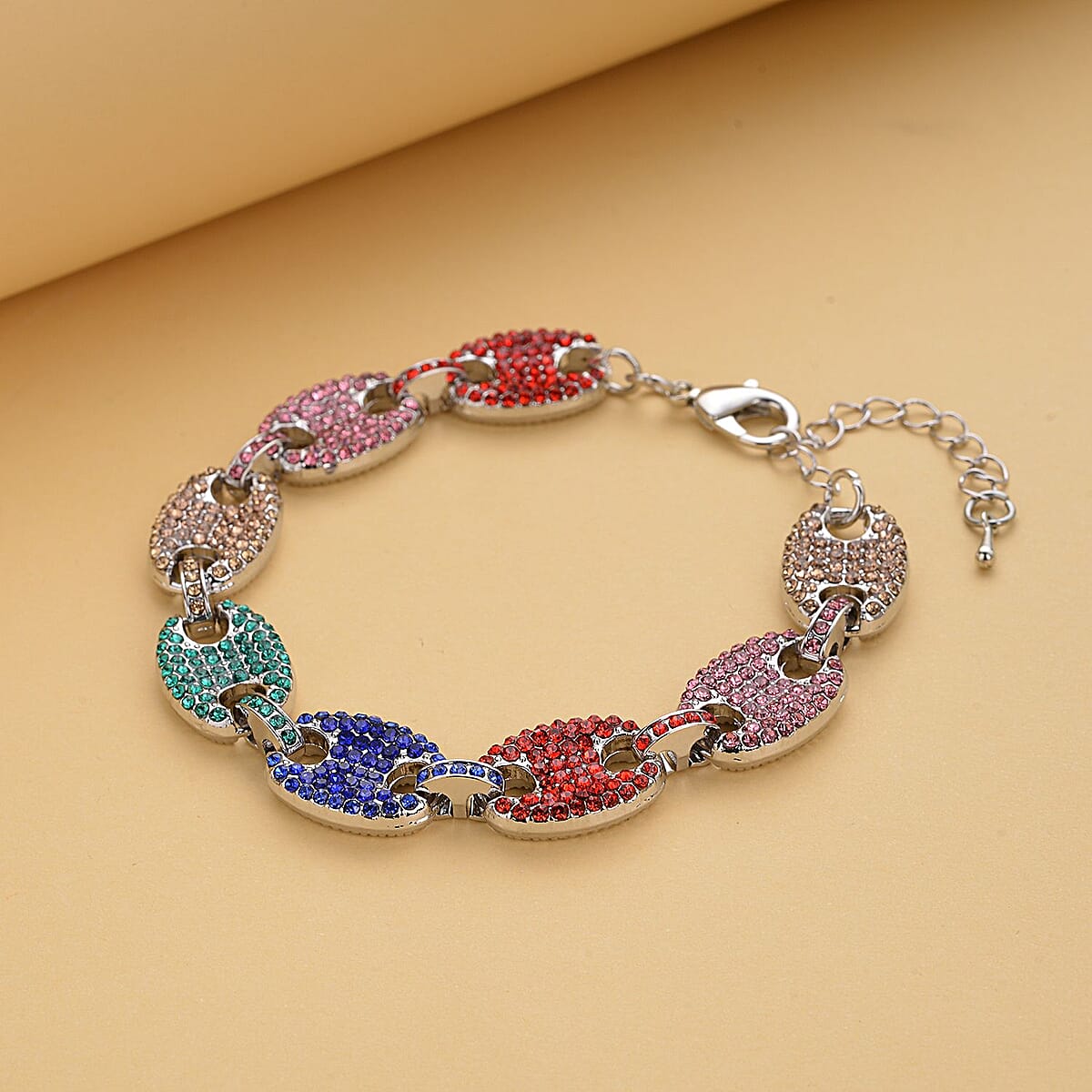 Multi Color Austrian Crystal Mariner Link Bracelet in Silvertone (7.50-9.50In) image number 1