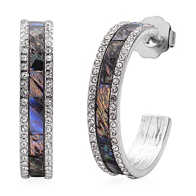 Abalone Shell and White Austrian Crystal Hoop Earrings in Silvertone
