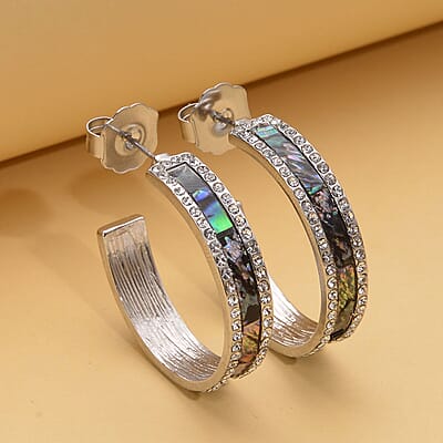 Abalone Shell and White Austrian Crystal Hoop Earrings in Silvertone