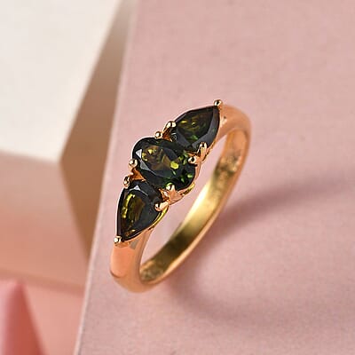 Premium Tanzanian Chrome Tourmaline 3 Stone Ring in Vermeil Yellow Gold Over Sterling Silver (Size 10.0) 1.15 ctw