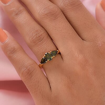 Premium Tanzanian Chrome Tourmaline 3 Stone Ring in Vermeil Yellow Gold Over Sterling Silver (Size 10.0) 1.15 ctw