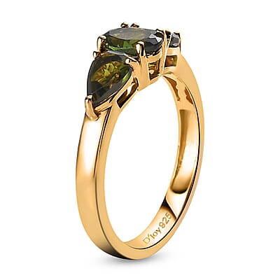 Premium Tanzanian Chrome Tourmaline 3 Stone Ring in Vermeil Yellow Gold Over Sterling Silver (Size 10.0) 1.15 ctw
