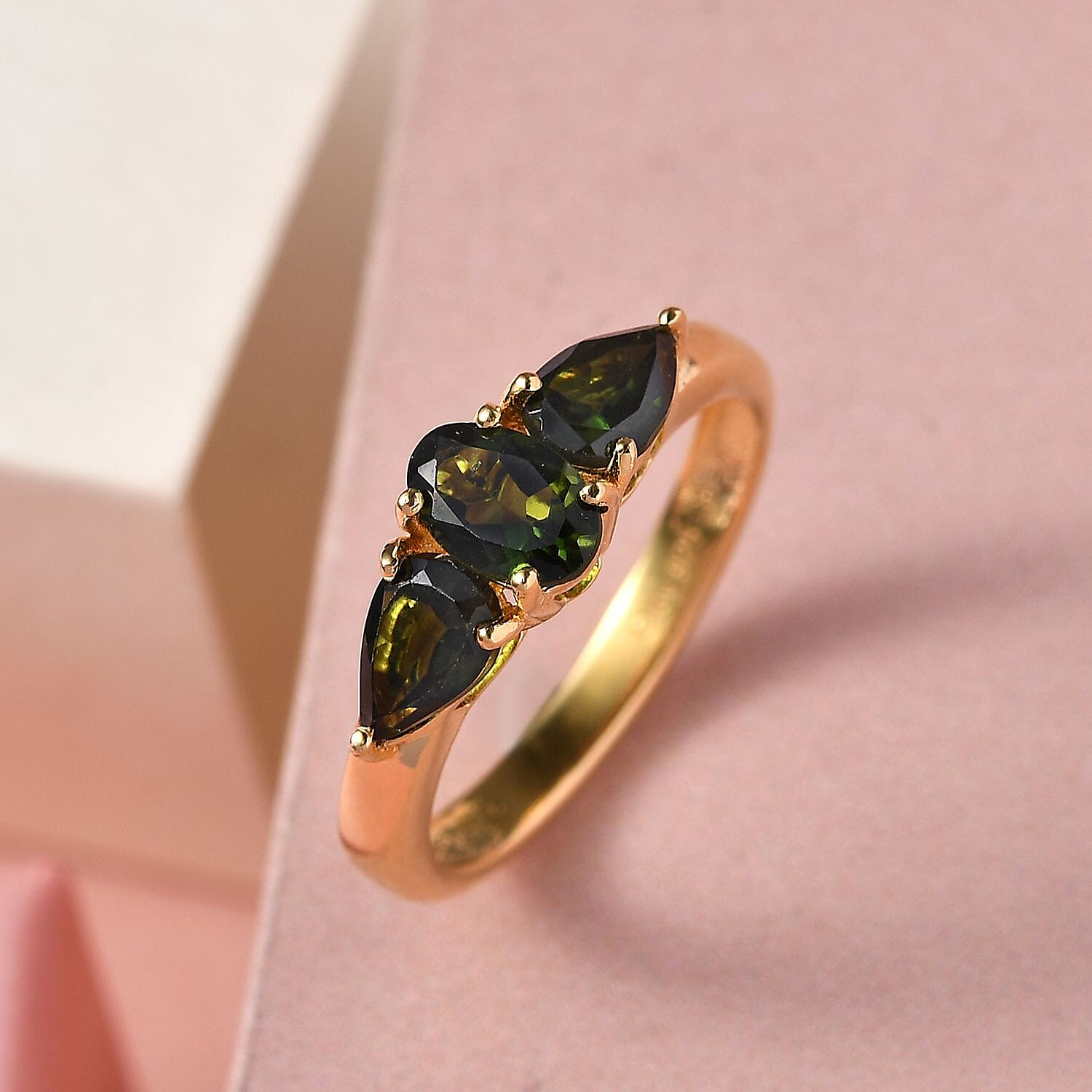 Premium Tanzanian Chrome Tourmaline 3 Stone Ring in Vermeil Yellow Gold Over Sterling Silver (Size 5.0) 1.15 ctw