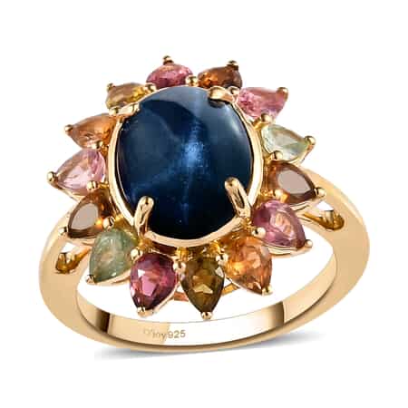 Blue Star Sapphire (DF) and Multi-Tourmaline Floral Ring in Vermeil Yellow Gold Over Sterling Silver (Size 7.0) 7.65 ctw image number 0