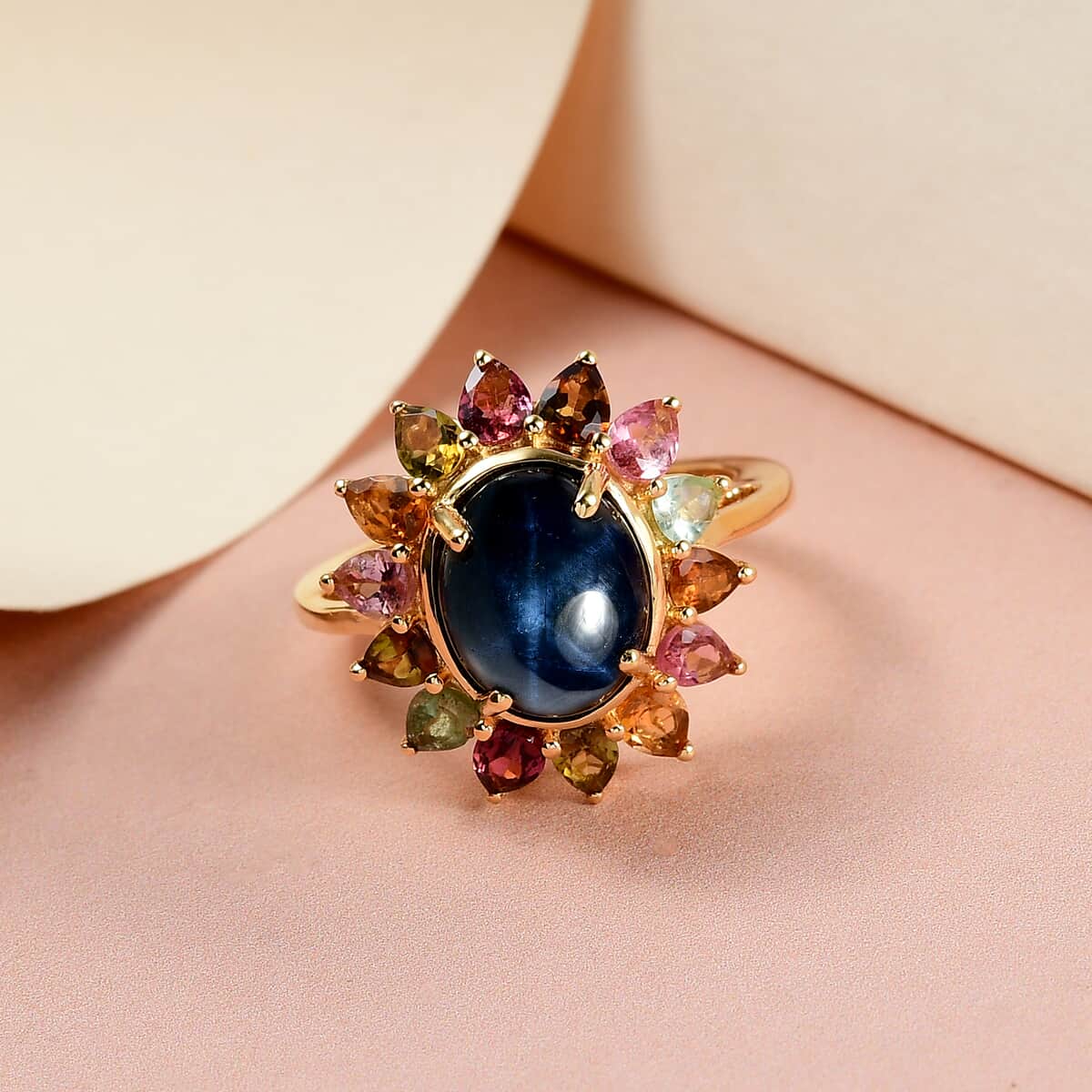 Blue Star Sapphire (DF) and Multi-Tourmaline Floral Ring in Vermeil Yellow Gold Over Sterling Silver (Size 7.0) 7.65 ctw image number 1