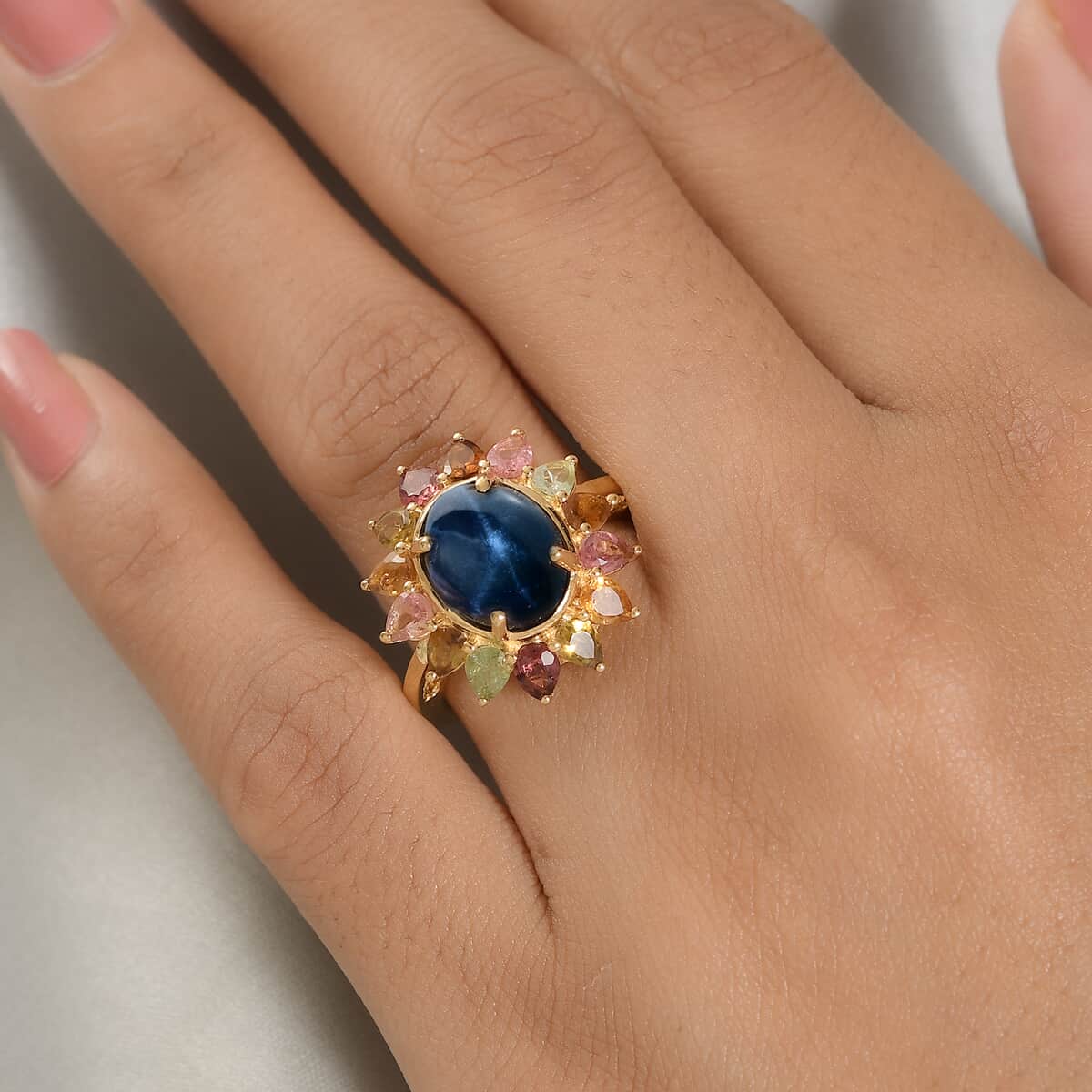 Blue Star Sapphire (DF) and Multi-Tourmaline Floral Ring in Vermeil Yellow Gold Over Sterling Silver (Size 7.0) 7.65 ctw image number 2