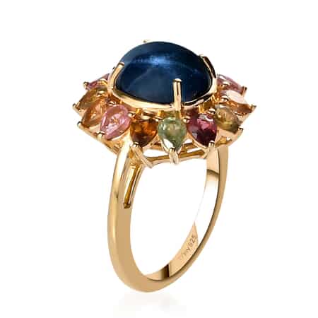 Blue Star Sapphire (DF) and Multi-Tourmaline Floral Ring in Vermeil Yellow Gold Over Sterling Silver (Size 7.0) 7.65 ctw image number 3
