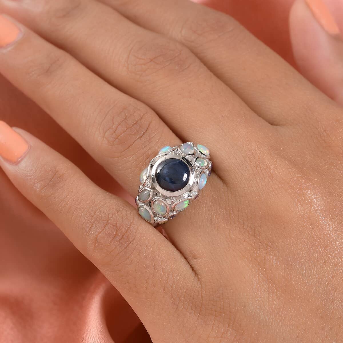 Thai Blue Star Sapphire and Multi Gemstone Cluster Ring in Platinum Over Sterling Silver 4.20 ctw image number 2