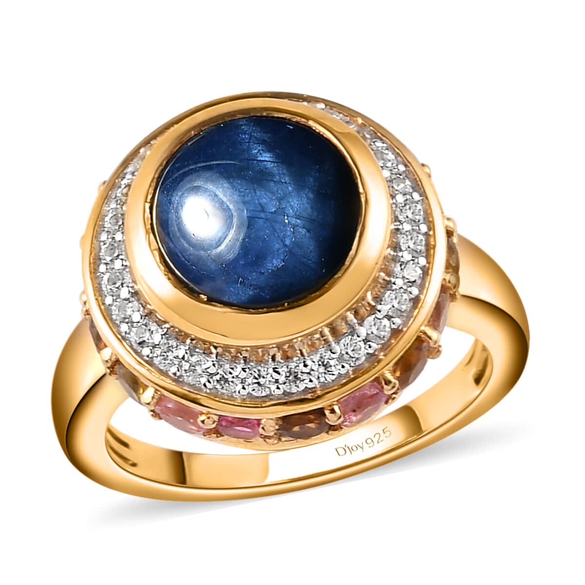 Blue Star Sapphire (DF), Multi-Tourmaline and White Zircon Halo Ring in Vermeil Yellow Gold Over Sterling Silver (Size 6.0) 7.50 ctw image number 0