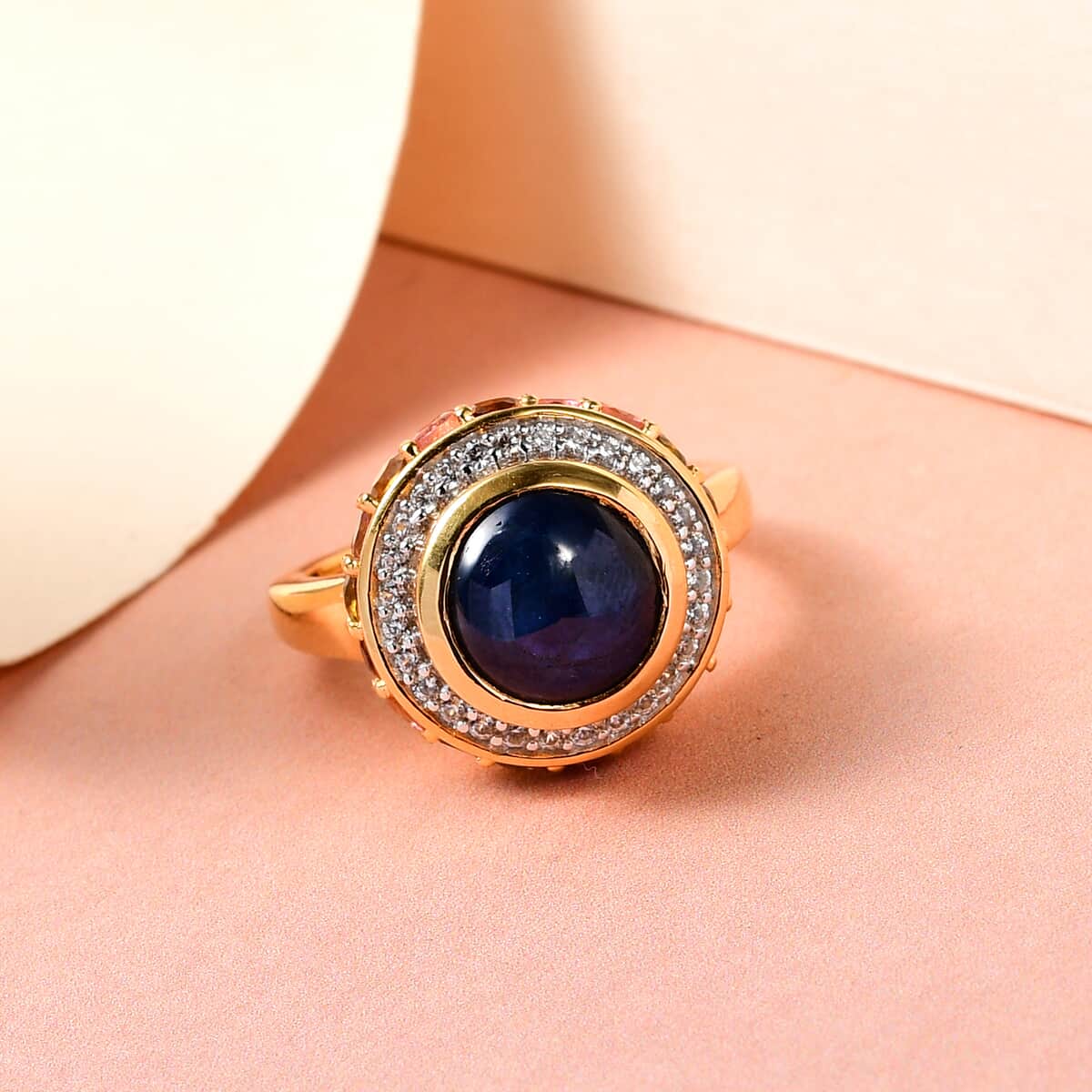 Blue Star Sapphire (DF), Multi-Tourmaline and White Zircon Halo Ring in Vermeil Yellow Gold Over Sterling Silver (Size 6.0) 7.50 ctw image number 1