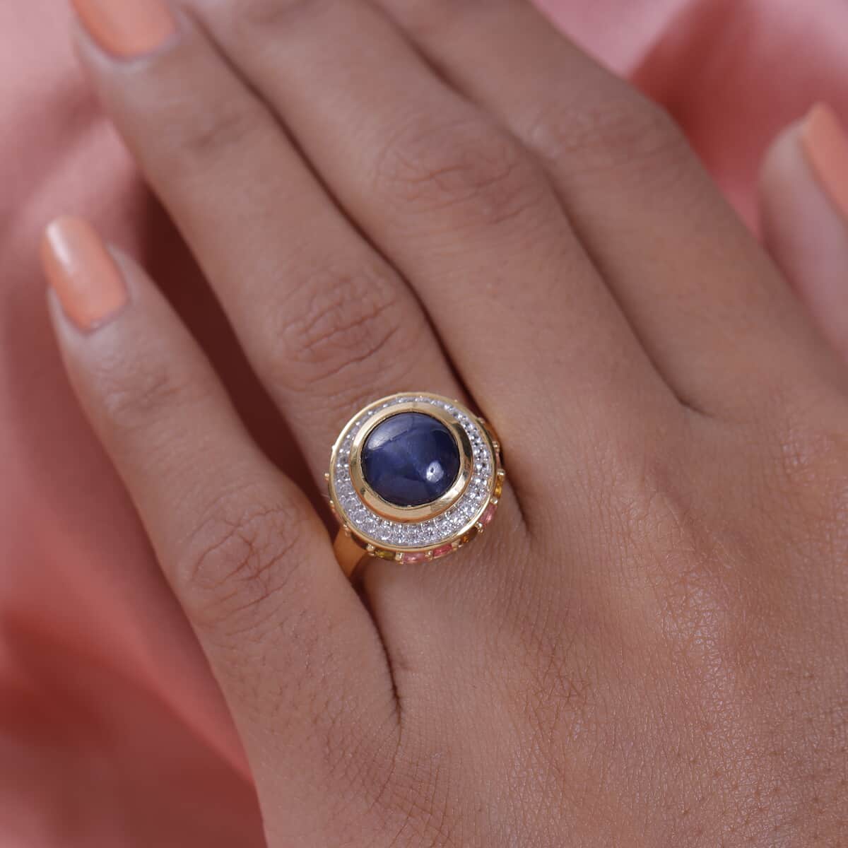 Blue Star Sapphire (DF), Multi-Tourmaline and White Zircon Halo Ring in Vermeil Yellow Gold Over Sterling Silver (Size 6.0) 7.50 ctw image number 2