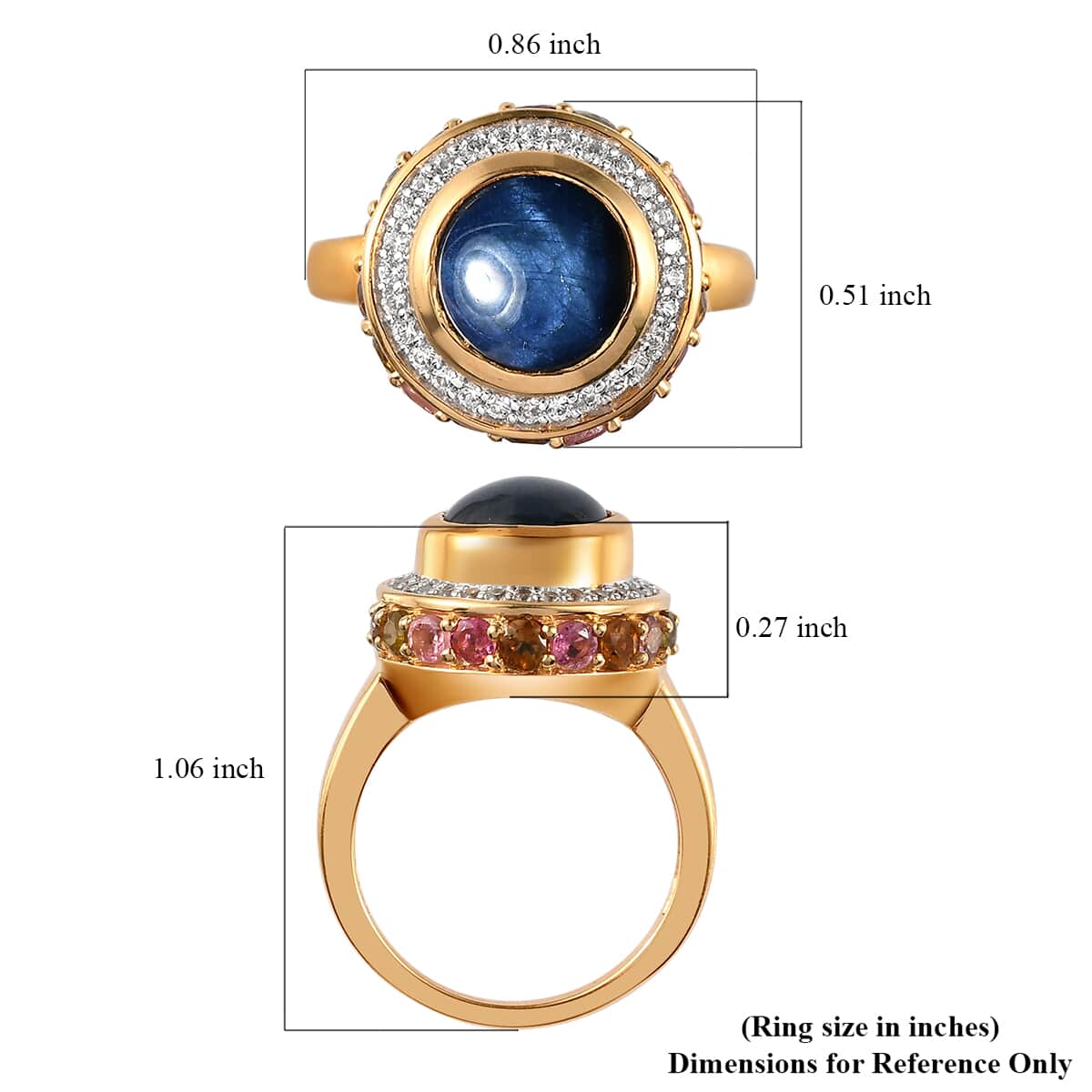 Blue Star Sapphire (DF), Multi-Tourmaline and White Zircon Halo Ring in Vermeil Yellow Gold Over Sterling Silver (Size 6.0) 7.50 ctw image number 5