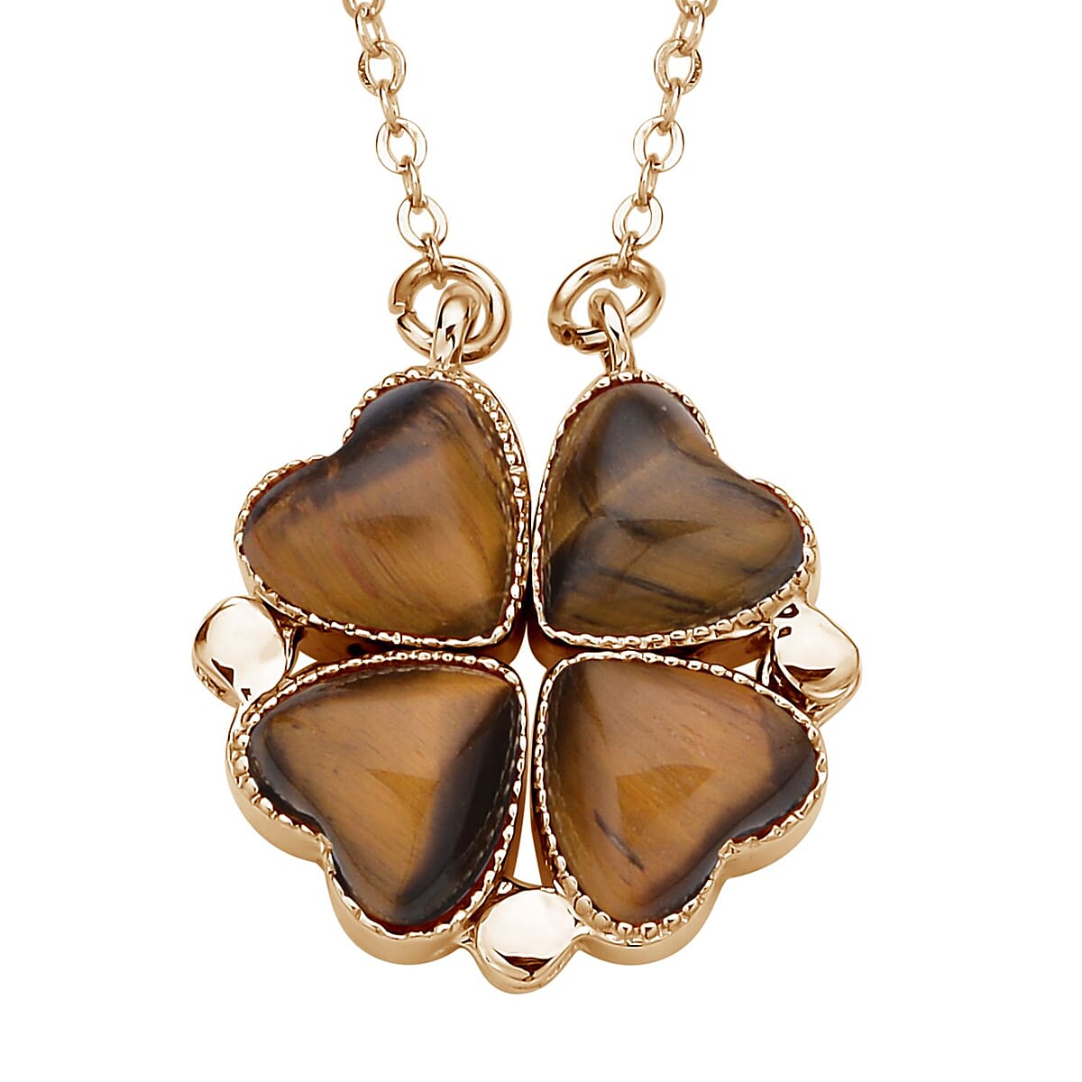 Yellow Tiger's Eye Four-leaf Clover Necklace 20-22 Inches in Goldtone 35.00 ctw image number 0