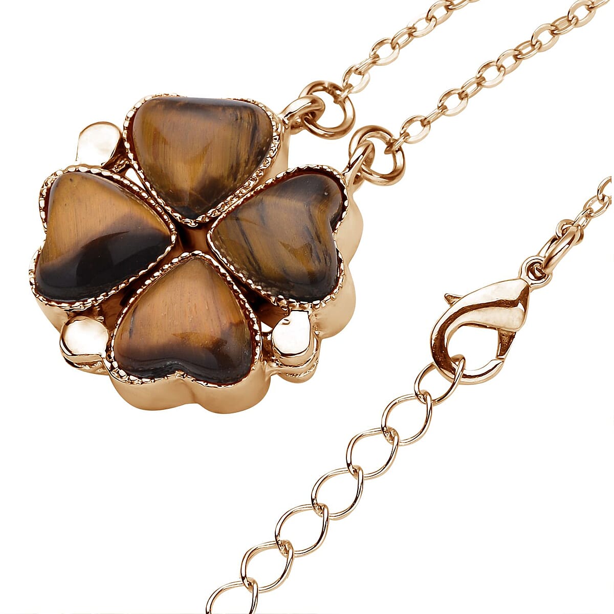 Yellow Tiger's Eye Four-leaf Clover Necklace 20-22 Inches in Goldtone 35.00 ctw image number 3