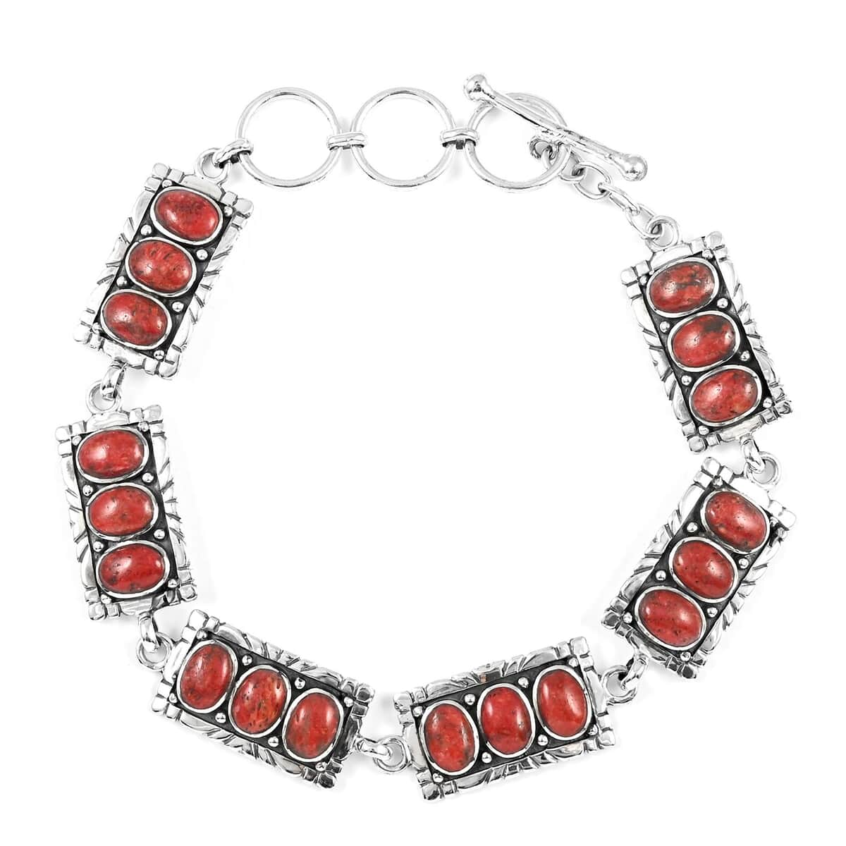 Santa Fe Style Red Coral Bracelet with Extender in Sterling Silver (8.00 In) image number 0