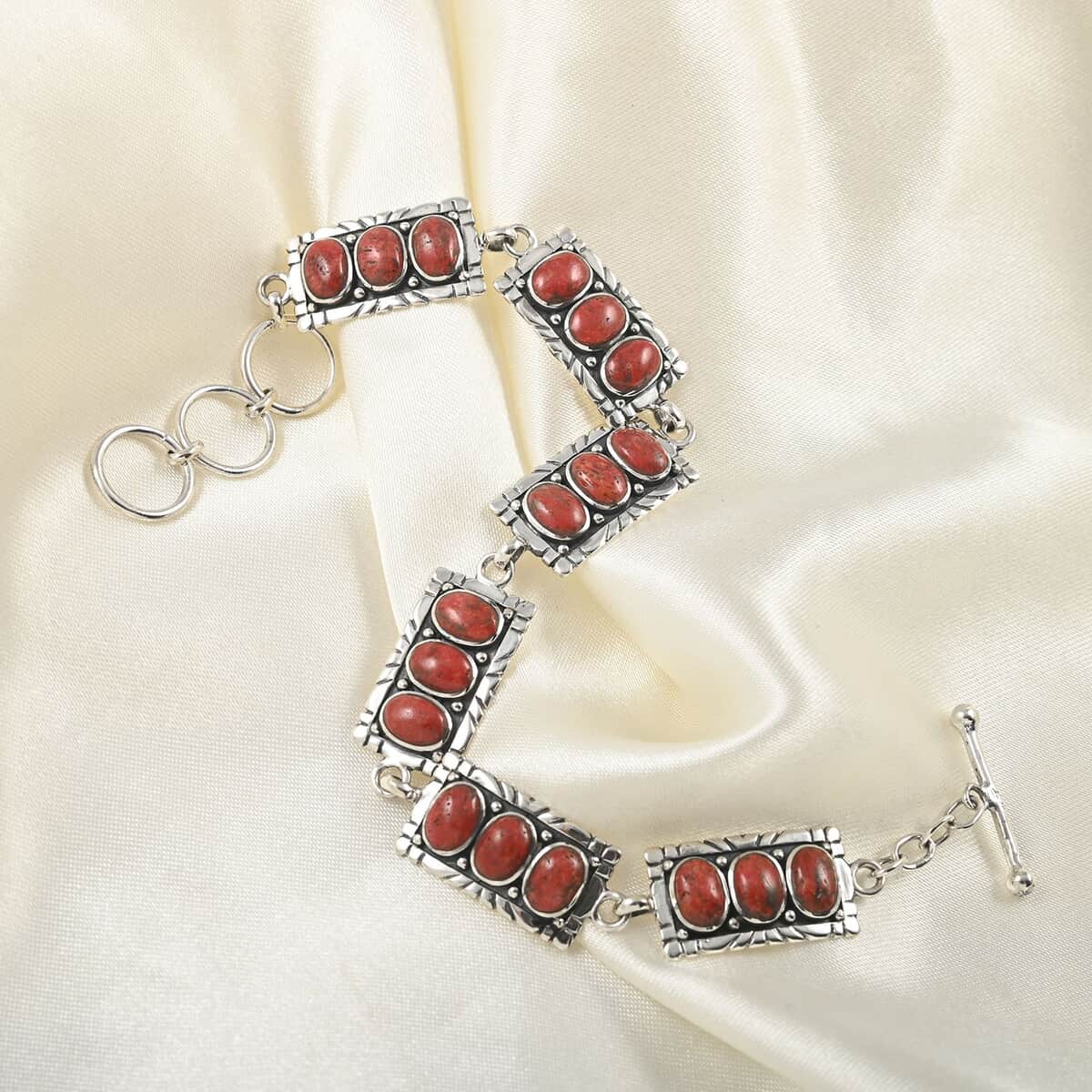 Santa Fe Style Red Coral Bracelet with Extender in Sterling Silver (8.00 In) image number 1