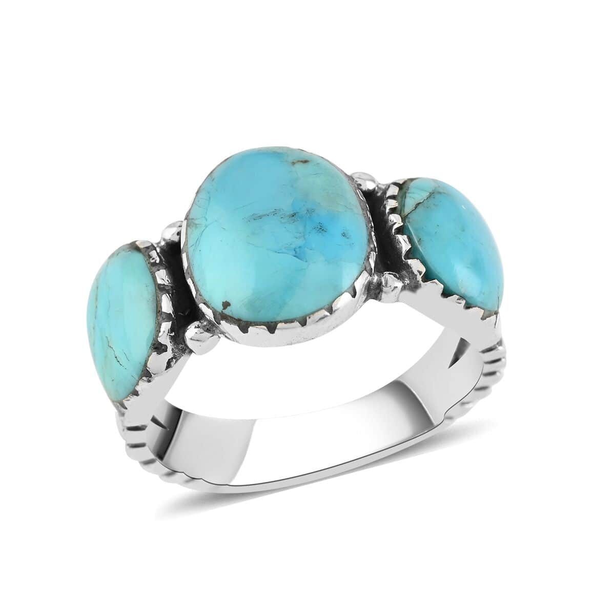 SANTA FE Style Kingman Turquoise 3 Stone Ring in Sterling Silver 5.00 ctw image number 0