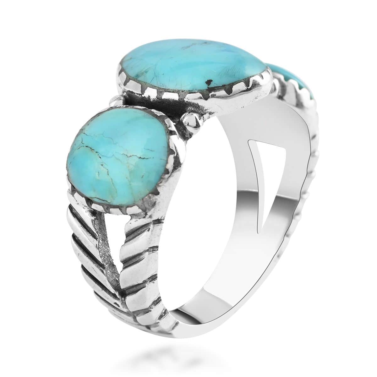 SANTA FE Style Kingman Turquoise 3 Stone Ring in Sterling Silver 5.00 ctw image number 3