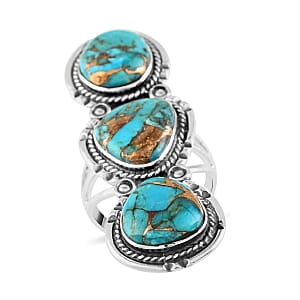 Santa Fe Style Mojave Turquoise 3 Stone Ring in Sterling Silver (Size 7.0) 8.90 Grams 5.00 ctw