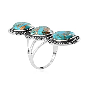 Santa Fe Style Mojave Turquoise 3 Stone Ring in Sterling Silver (Size 7.0) 8.90 Grams 5.00 ctw