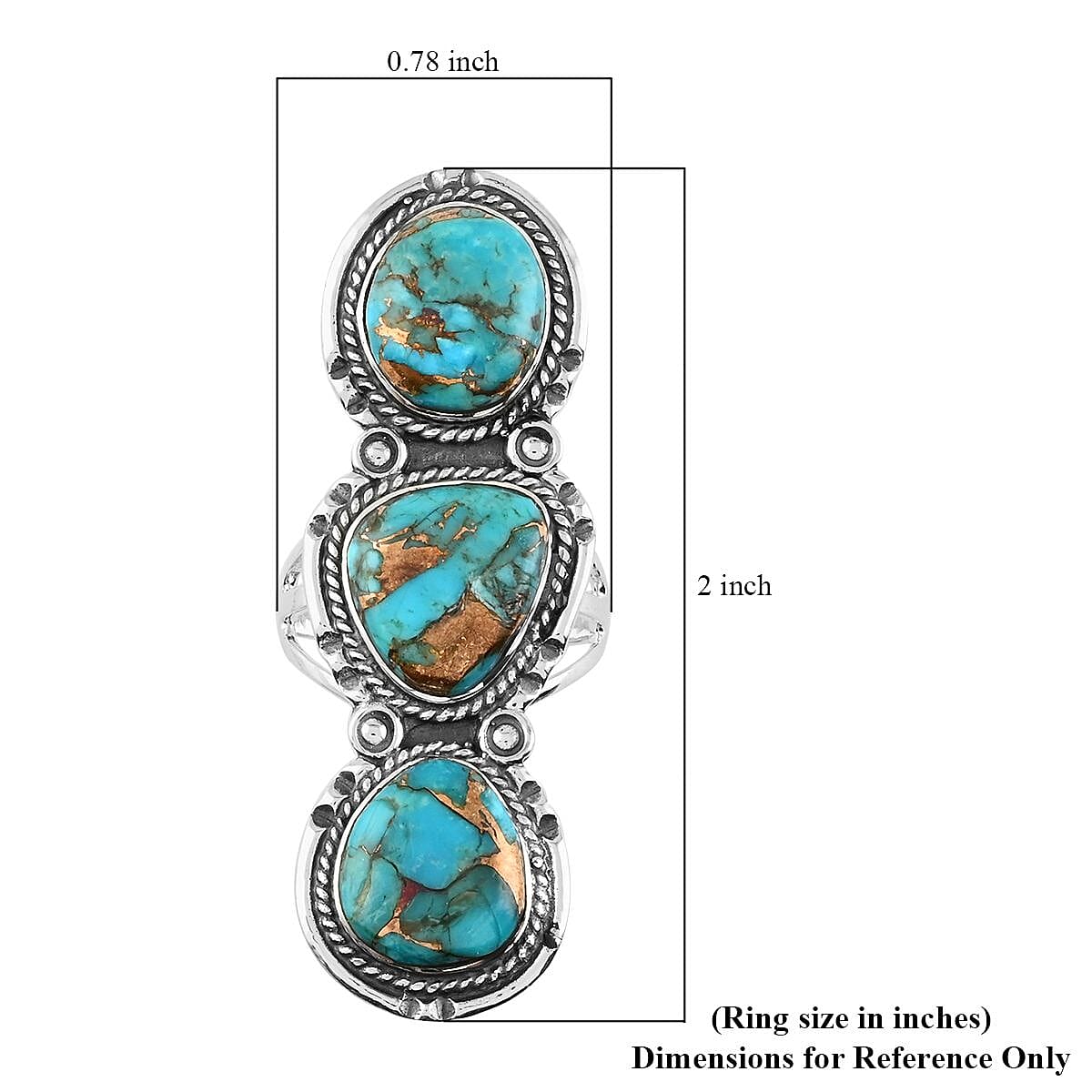 Santa Fe Style Mojave Turquoise 3 Stone Ring in Sterling Silver (Size 7.0) 8.90 Grams 5.00 ctw image number 4