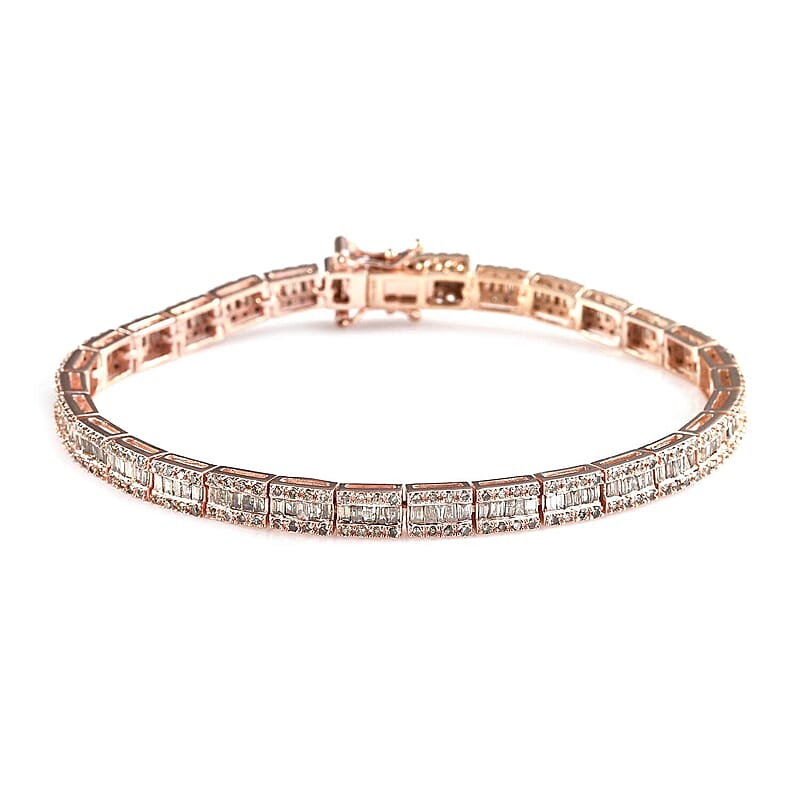 Natural Champagne Diamond Tennis Bracelet in Rhodium and Vermeil Rose Gold Over Sterling Silver (7.25 In) 3.00 ctw