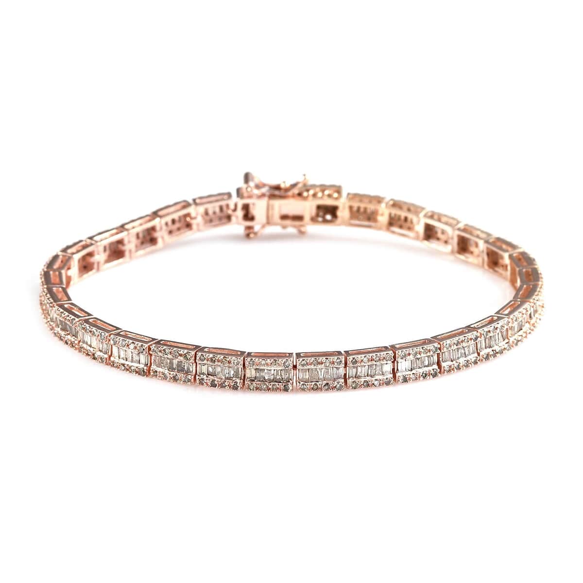 Natural Champagne Diamond Tennis Bracelet in Rhodium and Vermeil Rose Gold Over Sterling Silver (7.25 In) 3.00 ctw image number 0