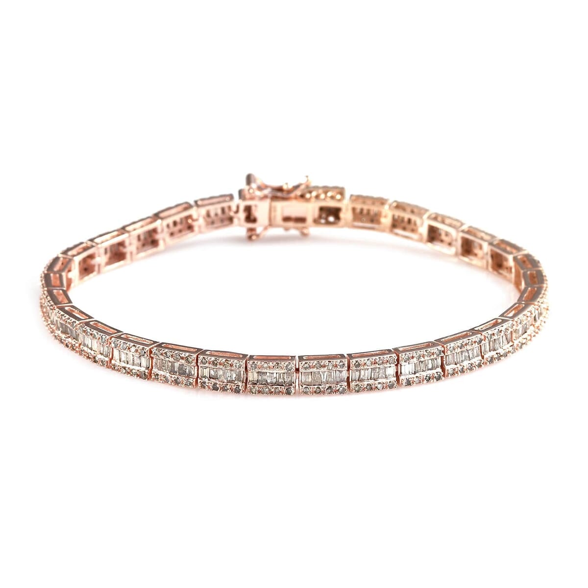 Natural Champagne Diamond Tennis Bracelet in Rhodium and Vermeil Rose Gold Over Sterling Silver (7.25 In) 3.00 ctw image number 0