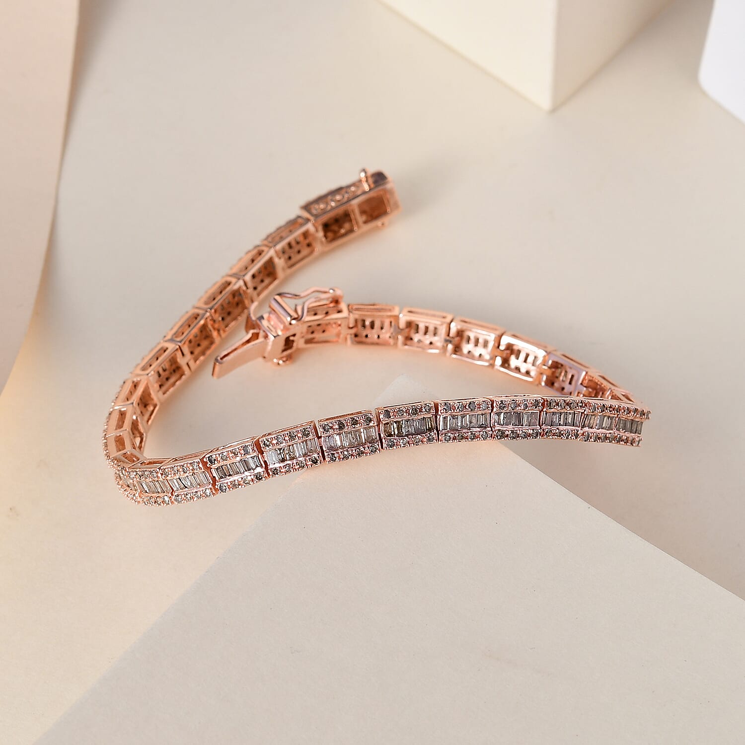 Natural Champagne Diamond Tennis Bracelet in Rhodium and Vermeil Rose Gold Over Sterling Silver (7.25 In) 3.00 ctw