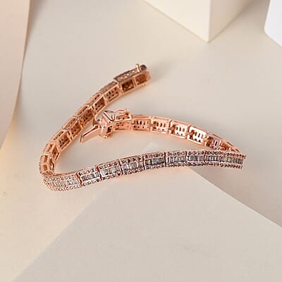 Natural Champagne Diamond Tennis Bracelet in Rhodium and Vermeil Rose Gold Over Sterling Silver (7.25 In) 3.00 ctw
