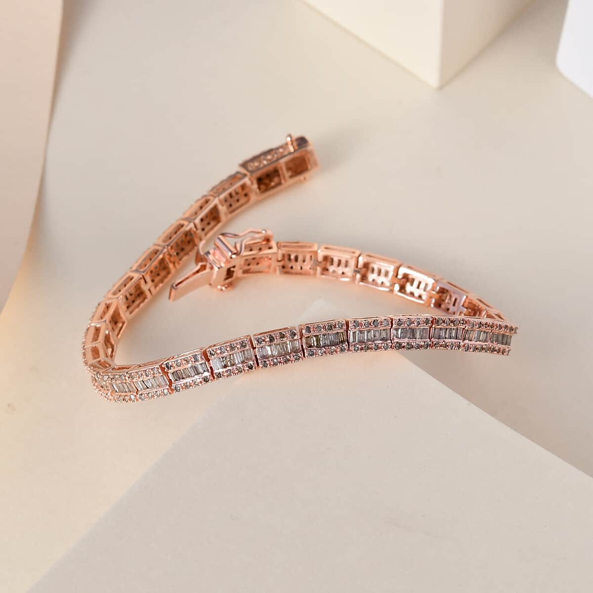 Natural Champagne Diamond Tennis Bracelet in Rhodium and Vermeil Rose Gold Over Sterling Silver (7.25 In) 3.00 ctw image number 1