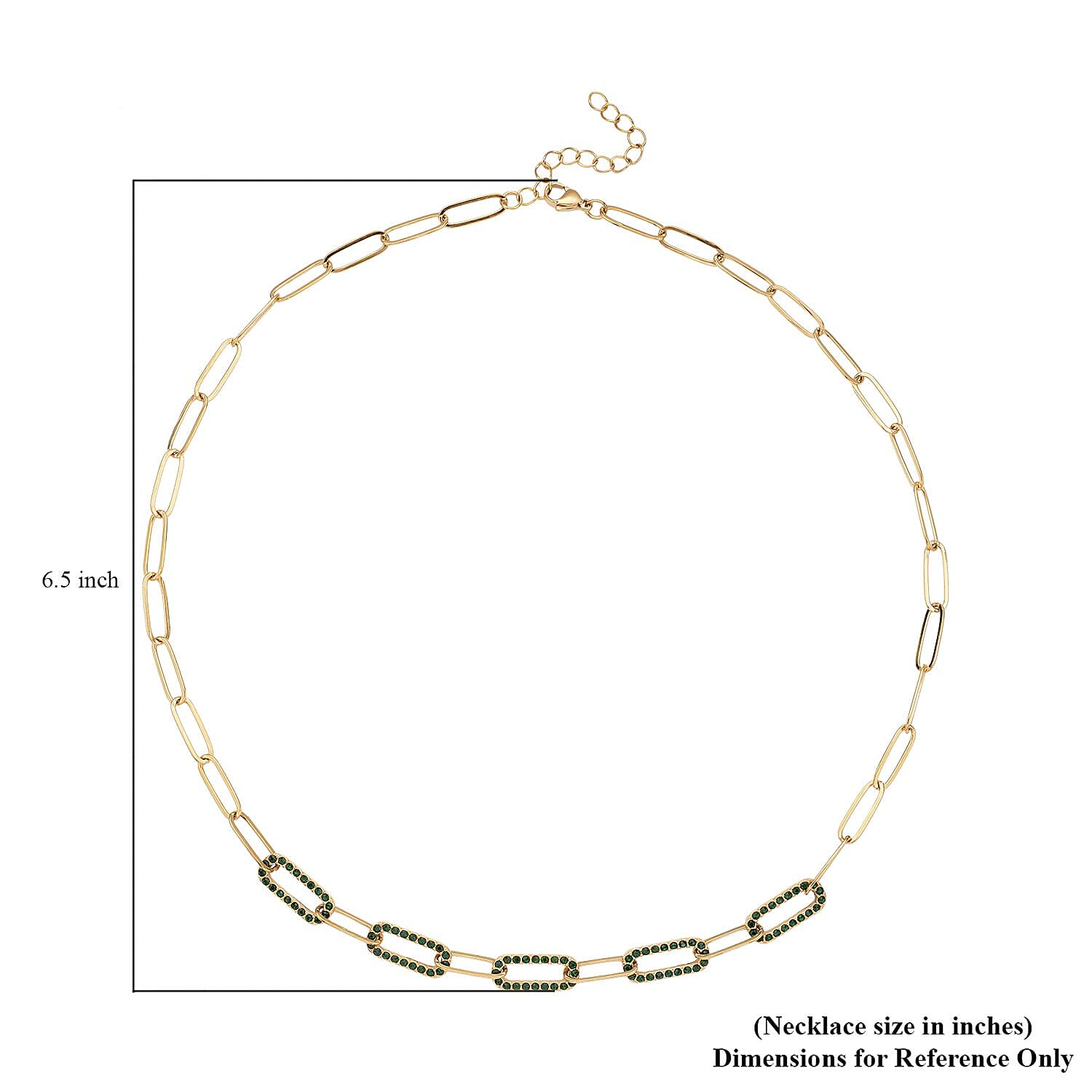 Neon Green Austrian Crystal Paper Clip Chain Necklace in ION Plated YG Stainless Steel 20-22 Inches, Tarnish-Free, Waterproof, Sweat Proof Jewelry