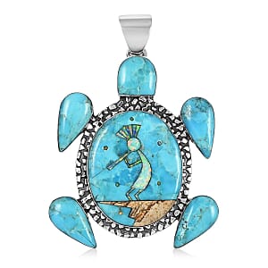 Santa Fe Style Multi Gemstone Turtle Pendant in Sterling Silver 13.80 Grams 20.00 ctw
