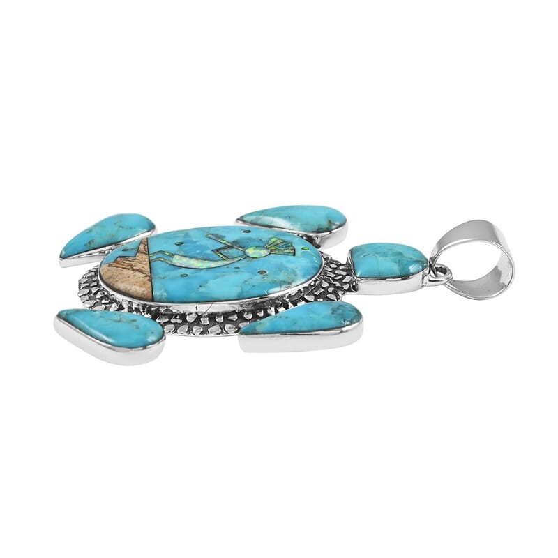 Santa Fe Style Multi Gemstone Turtle Pendant in Sterling Silver 13.80 Grams 20.00 ctw